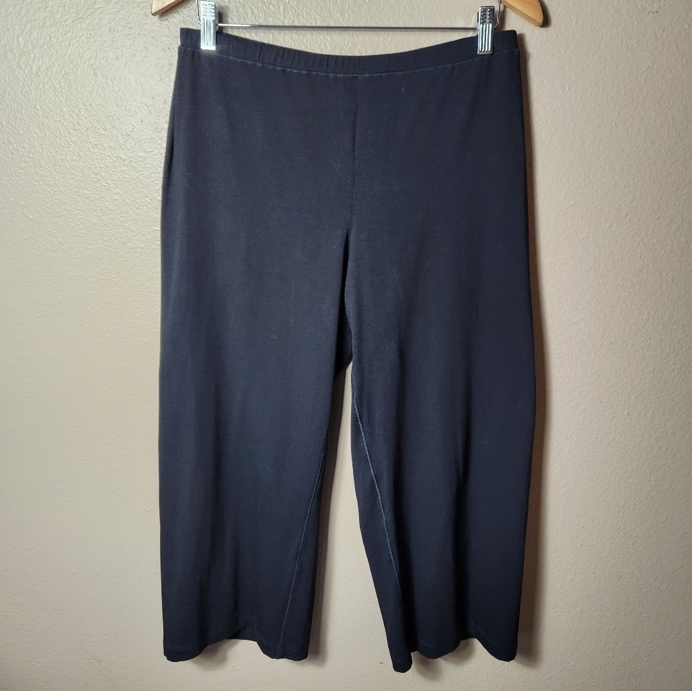 Eileen Fisher Petite Black Organic Cotton/Spandex Wide Leg Crop Pants-Size LP